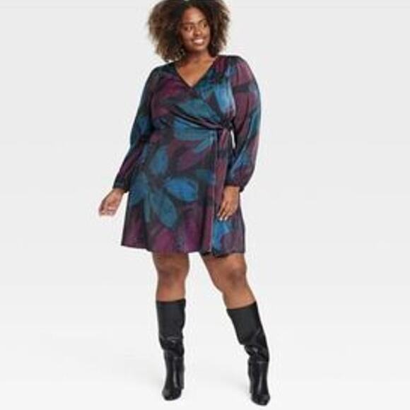 NWT Ava & Viv XXL Blue Purple Abstract Floral Leaf Faux Wrap Long Sleeve Dress - Picture 2 of 8